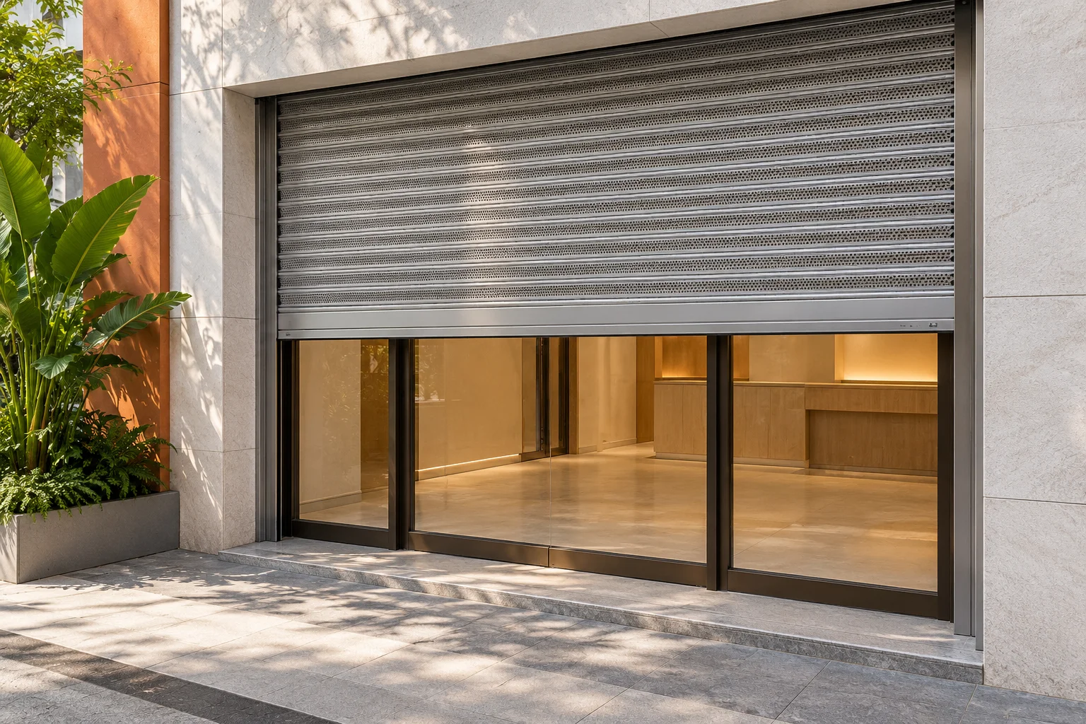 AI illustration of a perforated shutter over a contemporary shopfront